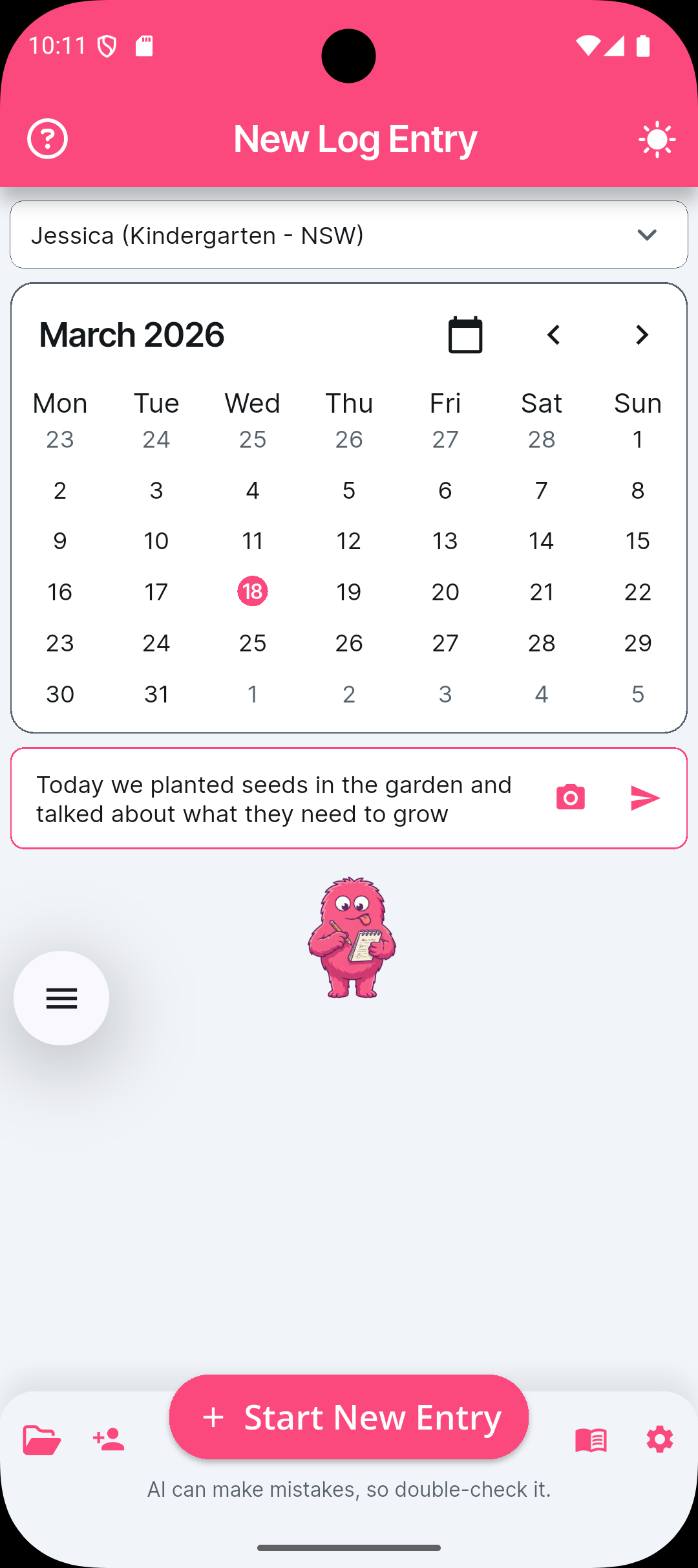 Calendar view for logging daily homeschool activities